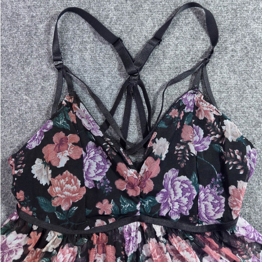 Torrid Curve Floral Mesh Babydoll Lingerie Purple Pink Strappy Caged 1X 148862 - Picture 3 of 7